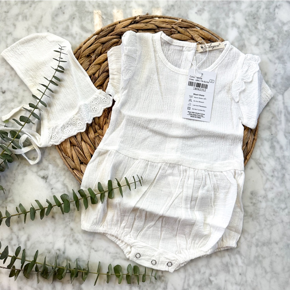 Boutique White Gauze Eyelet Bodysuit + Bonnet